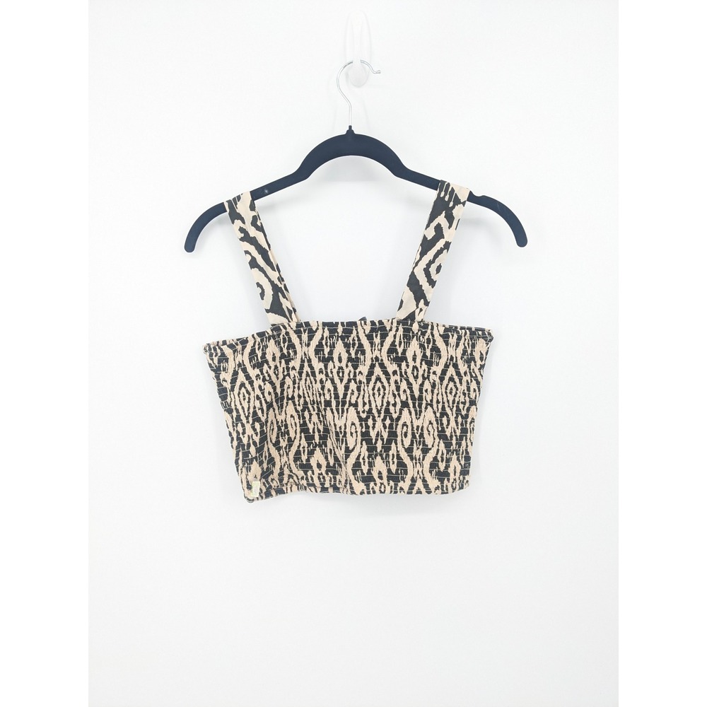Zara Womens‎ Smocked Ikat Print Crop Top Black Beige Cotton Stretch Large NWT - Picture 6 of 9